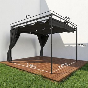 Outsunny Pergolă retractabilă 3 x 3 m cu draperii, adăpost de grădină din metal pentru terasă și patio Gri Închis | Aosom Romania
