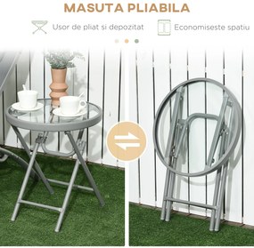 Outsunny Set de 2 Sezlonguri si Masa Pliabila cu Blat din Sticla, Sezlonguri Pliabile pe 4 Niveluri si Perna pentru Tetiera, Gri | AOSOM RO