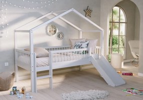 Pat Casă Înălțat Forrest Beech 90x200 cm, pentru Camera Copii, din Lemn de Fag Lăcuit Alb, cu Tobogan și Set Textil – Vipack