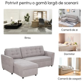 Canapea Extensibila pe Colt cu 3 Locuri si Compartiment de Depozitare, Tapiterie Efect In, Spatar cu perne 217x134x85cm, Gri HOMCOM | Aosom Romania
