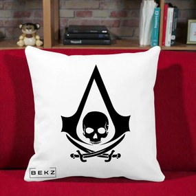 Perna Personalizata Assassin's Creed Black Flag Skull, 40x40 cm, Alba Mata, Husa Detasabila, Perna Inclusa, BEKZ®