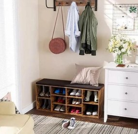 Pantofar cu bancă tapițată GABI, 10 compartimente, 104x30x48cm, negru/maro închis Jurhan