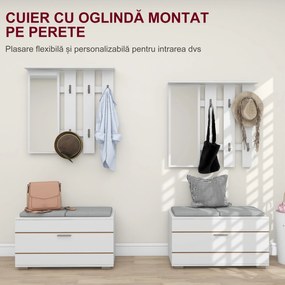 HOMCOM Set de Depozitare pentru Hol 4-în-1, Cuiere, Oglindă, Bancă pentru Încălțăminte cu Scaun, 85x35x49 cm, Alb | Aosom Romania