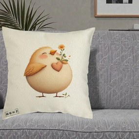 Perna Decorativa Pui cu Inima si Floarea-Soarelui, 40x40 cm, Ecru, Husa Detasabila, Perna Inclusa, BEKZ®