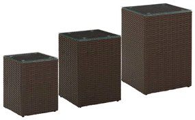 vidaXL Mese laterale cu blat de sticlă, 3 buc., maro, poliratan