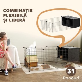 PawHut Cușcă Modulară pentru Animale Mici cu 2 Căsuțe Ridicate, Țarc cu 31 de Panouri, 140x70x52 cm, Negru | Aosom Romania