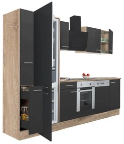 Mobilă de bucătărie Yorki 310, corp din stejar sonoma, față antracit satinat cu element cuptor inferior și frigider congelator inferior
