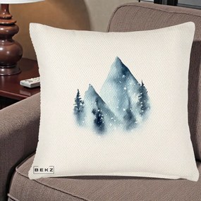Perna Decorativa Munti Inzapeziti Acuarela Indigo, 40x40 cm, Crem Reliefat, Husa Detasabila, Perna Inclusa, BEKZ®