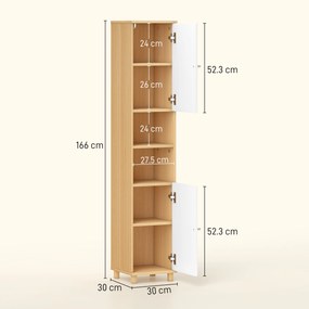 HOMCOM Dulap de Baie înalt cu Uși, 2 Rafturi Deschise, 2 Dulapuri, Dulap de Baie Economisitor de Spațiu cu Rafturi Reglabile pentru Sala de Mese Sufragerie, 30x30x166 cm, Alb și Lemn | Aosom Romania
