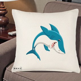 Perna Decorativa Rechin Albastru Cartoon, 40x40 cm, Crem Reliefat, Husa Detasabila, Perna Inclusa, BEKZ®
