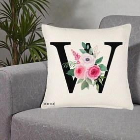 Cadou Personalizat - Perna Personalizata Monograma Florala Litera W cu Trandafiri si Anemona, 40x40 cm, Crem Reliefat, Husa Detasabila, Perna Inclusa, BEKZ®