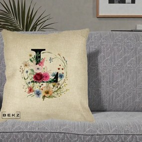 Cadou Personalizat - Perna Personalizata Monogram Litera L cu Flori Acuarela, 40x40 cm, Crem, Husa Detasabila, Perna Inclusa, BEKZ®