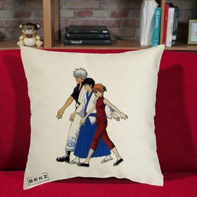 Perna Personalizata Gintama Trio Gintoki Shinpachi Kagura, 40x40 cm, Ecru, Husa Detasabila, Perna Inclusa, BEKZ®