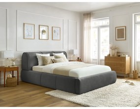 Pat matrimonial gri tapițat cu spațiu de depozitare și somieră 180x200 cm Vernon – Bobochic Paris