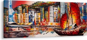 Tablou - Victoria Harbour, Hong Kong, pictură în ulei (120x50 cm)