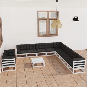 Set mobilier de gradina cu perne, 12 piese, alb, lemn masiv pin Alb, 1, Da