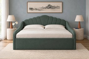 Pat tapițat pentru copii din catifea Noma 140×200 cm, verde, cu ladă de depozitare