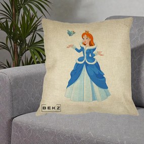Perna Personalizata Printesa Albastra cu Pasare, 40x40 cm, Crem, Husa Detasabila, Perna Inclusa, BEKZ®