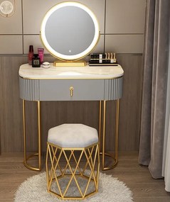 Set Lisa, Masă de toaletă pentru machiaj cu oglindă iluminată LED, control touch, sertar, taburet tapitat, Gri, 100x40x75 cm