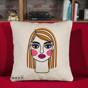 Perna Decorativa Portret Pop Art Fata, 40x40 cm, Bej Canapea, Husa Detasabila, Perna Inclusa, BEKZ®