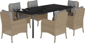 vidaXL Set de masă pentru grădină, 7 piese, cu perne, bej, poliratan