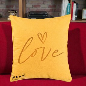 Perna Decorativa Love Caligrafie Aurie, 40x40 cm, Galben, Husa Detasabila, Perna Inclusa, BEKZ®