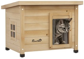 PawHut Casa pentru pisici adăpost exterior din lemn ridicată, cu acoperiș asfalt, fereastră, 57 x 45 x 43 cm galben | Aosom Romania