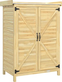 Outsunny Căsuță de Grădină din Lemn de Molid cu Rafturi și Cârlige Laterale, Dulap de Grădină cu Uși Duble și Blat de Lucru din Metal Zincat pentru Terasă, 71,5x39x95cm, Naturală | Aosom Romania