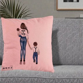 Cadou pentru Mama - Perna Personalizata Mom of Boys Mama cu Baietii, 40x40 cm, Roz, Husa Detasabila, Perna Inclusa, BEKZ®