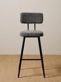 Scaun de bar tapițat din bumbac gri și fier negru, cu spătar dreptunghiular și suport pentru picioare, aspect stonewashed, 105 x 48 x 48 cm, „Fairfax”