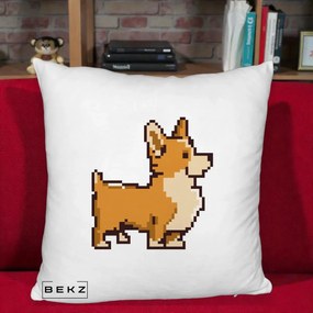 Perna Personalizata Corgi Pixel Art, 40x40 cm, Alb Pufos, Husa Detasabila, Perna Inclusa, BEKZ®