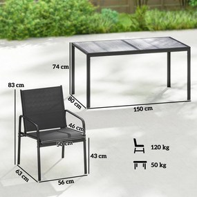 Outsunny Set mobilier de grădină - grup de șezut cu masă 150 x 80cm și 6 scaune respirabile, aspect lemn, cadru din oțel, Negru | Aosom Romania