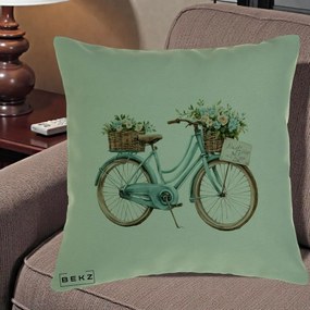 Perna Decorativa Bicicleta Teal cu Cosuri Duble de Flori Vintage, 40x40 cm, Verde, Husa Detasabila, Perna Inclusa, BEKZ®
