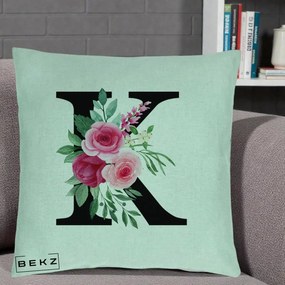 Cadou Personalizat - Perna Personalizata Monograma Florala Litera K, 40x40 cm, Verde Menta, Husa Detasabila, Perna Inclusa, BEKZ®