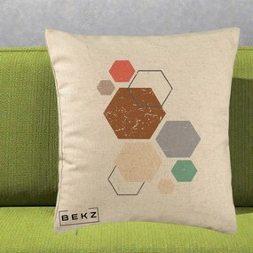Perna Decorativa Geometric Hexagoane Multicolor, 40x40 cm, Bej, Husa Detasabila, Perna Inclusa, BEKZ®