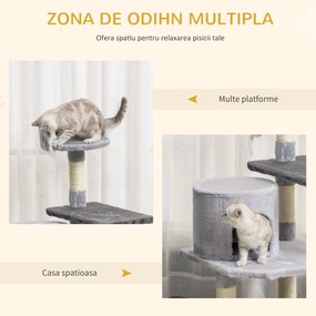 PawHut Copac pentru Pisici cu 3 Niveluri cu Soricel Gri, 48x48x100cm