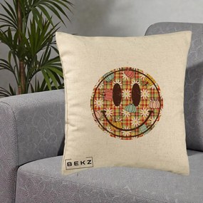 Perna Decorativa Smiley Face de Toamna cu Tartan si Dovlecei, 40x40 cm, Bej, Husa Detasabila, Perna Inclusa, BEKZ®