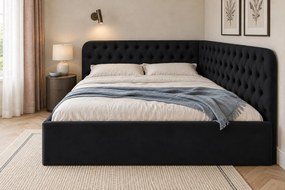 Pat tapițat pentru copii din catifea Elyra 140×200 cm, negru, colț dreapta, cu ladă de depozitare