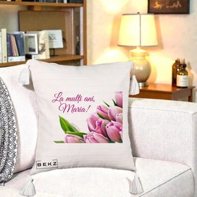 Cadou de Onomastica - Perna Personalizata La Multi Ani Maria Lalele, 40x40 cm, Bej cu Franjuri, Husa Detasabila, Perna Inclusa, BEKZ®