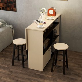 HOMCOM Set de bar 3 piese, Masă de bar cu placă pliabilă, 2 scaune de bar, 6 compartimente de stocare, negru+stejar, 116 x 70 x 89,5 cm | Aosom Romania