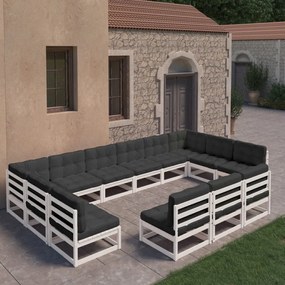 3077245 vidaXL Set mobilier de grădină cu perne, 13 piese, alb, lemn masiv pin