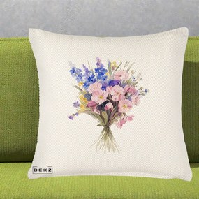 Perna Decorativa Buchet Floral Acuarela Primavara, 40x40 cm, Crem Reliefat, Husa Detasabila, Perna Inclusa, BEKZ®