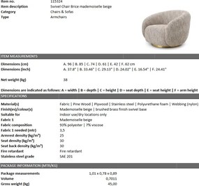 Fotoliu pivotant design elegant Brice, bej mademoiselle 115324 HZ