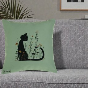 Perna Decorativa Pisica Neagra Flori Portocalii Silueta, 40x40 cm, Verde, Husa Detasabila, Perna Inclusa, BEKZ®