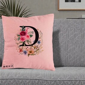 Cadou Personalizat - Perna Personalizata Monogram Litera D cu Flori Acuarela, 40x40 cm, Roz, Husa Detasabila, Perna Inclusa, BEKZ®