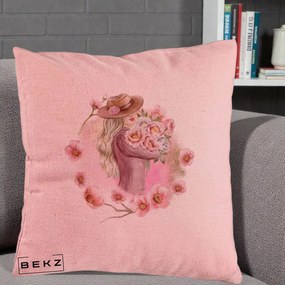 Perna Decorativa Femeie cu Flori Roz Acuarela, 40x40 cm, Roz, Husa Detasabila, Perna Inclusa, BEKZ®