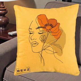 Perna Decorativa Portret Feminin Mac Mare Portocaliu, 40x40 cm, Galben, Husa Detasabila, Perna Inclusa, BEKZ®