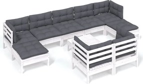 vidaXL Set mobilier grădină cu perne, 10 piese, alb, lemn masiv pin