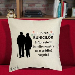 Cadou pentru Bunici - Perna Personalizata Bunicii Iubirea Infloreste Silueta Neagra Flori, 40x40 cm, Ecru, Husa Detasabila, Perna Inclusa, BEKZ®