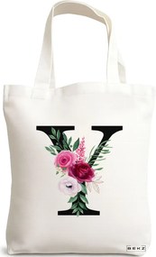 Sacosa de Panza pentru Cumparaturi, Geanta Tote, Cu litera Y si Trandafiri, 38x34.5 cm, Alba, BEKZ®